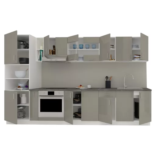 Karo V33 konyhabútor 28 mm-es Thermo munkalappal, Fényes szürke / Fehér, MDF, 340 cm