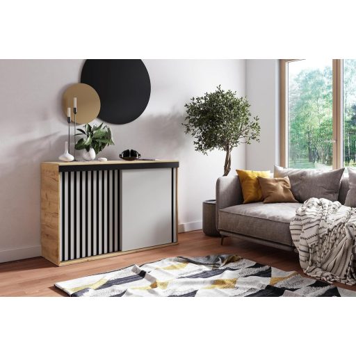 Malani 120 Tolóajtós Komód 120cm, Arany Tölgy-Fehér