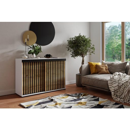 Malani Duplo 120 Tolóajtós Komód 120cm, Fehér-Arany Tölgy